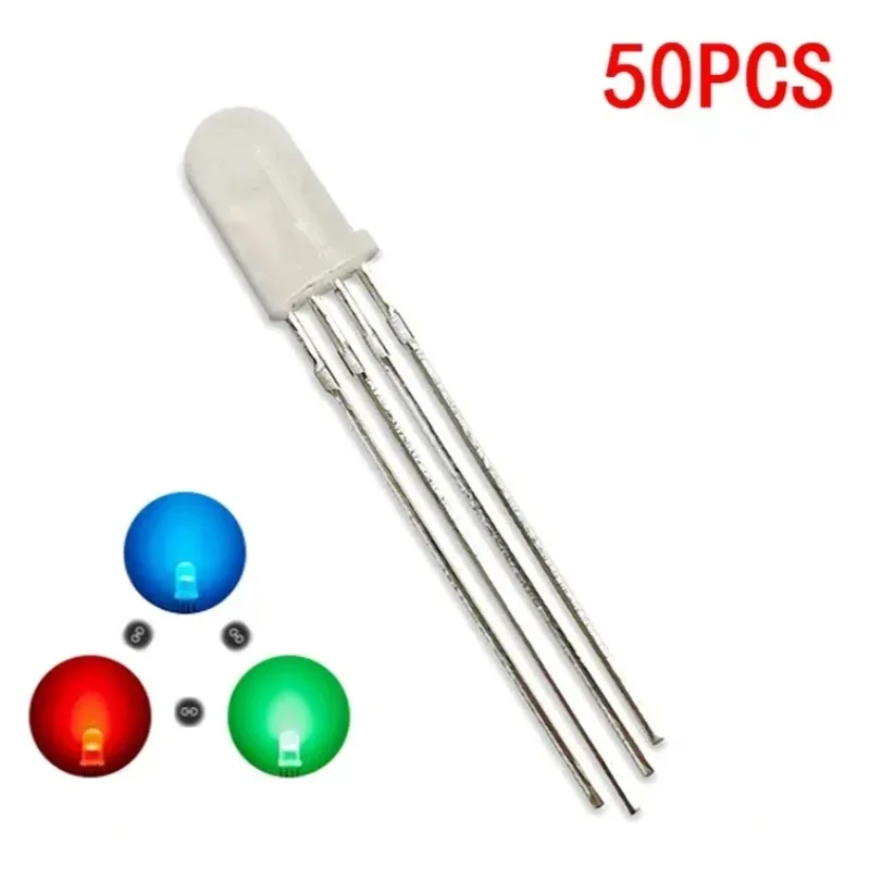 50 Stück 5 mm Vollfarb-LED RGB Rot/Grün/Blau, gemeinsame Kathode/Anode, vier Beine, transparentes, helleres Farblicht, 5 mm Diode, bunt