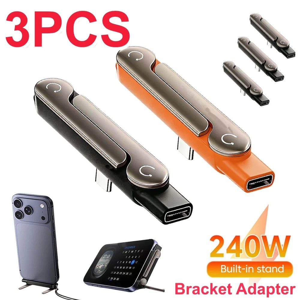 3-teiliger Typ-C-Telefonladeadapter, 240W Schnellladung, OTG Typ-C Stecker auf USB-C Buchse Konverter mit klappbarem Halter
