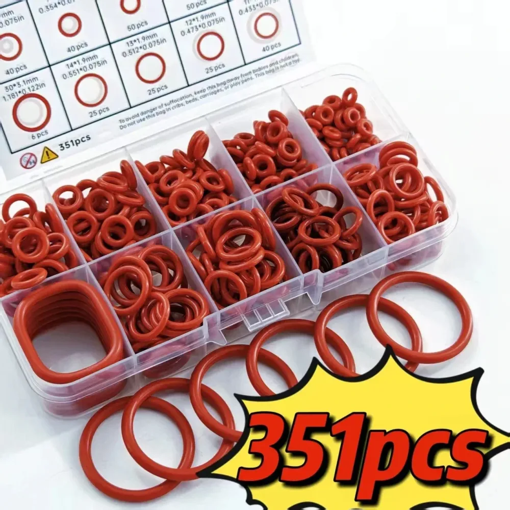 351-teiliges Silikon-O-Ring-Set, 10 Größen, Öl- und Hitzebeständig, Geeignet für Autos und Rohrleitungen