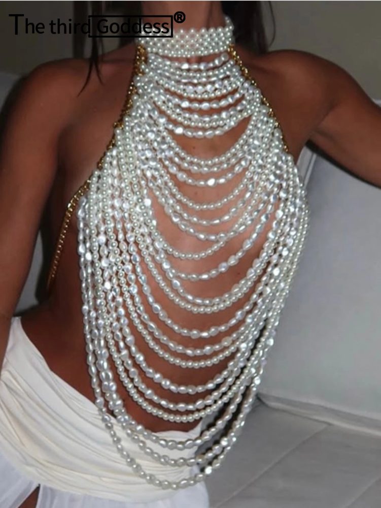 Sexy durchsichtiges Metallketten-Korsett-Crop-Top für Damen, Sommer-Perlenbesatz, Neckholder-Tanktop, Nachtclub-Party-Top für Damenbekleidung