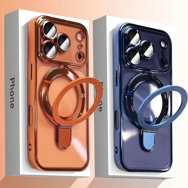 Transparente, plattierte, kabellose, magnetische Hülle für iPhone 18 17 16 15 14 13 Pro Max mit Linsenschutzhalterung und Rückabdeckung