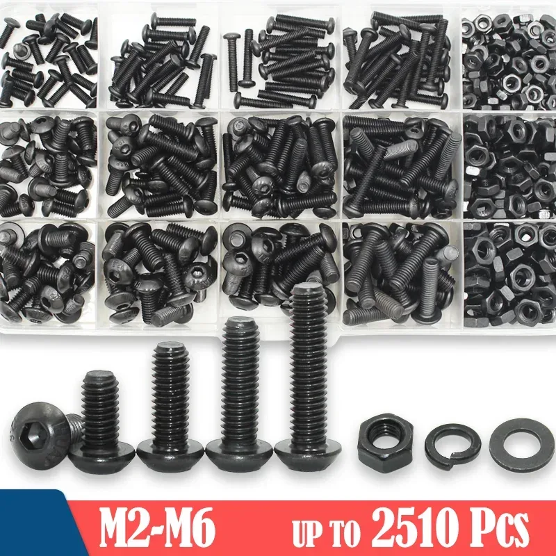 2510-teiliges Rundkopfschrauben-Set M2 M2.5 M3 M4 M5 M6 Schwarz 10.9 Güte Innensechskant-Kopfschrauben Bolzen Muttern Unterlegscheiben ISO7380