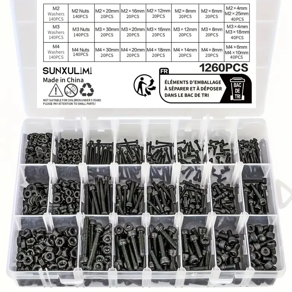 420 Stück/1260 Stück metrisches Schraubensortiment ? M2 M3 M4, 21 Größen von 4 mm bis 30 mm, 12,9 legierte Stahlschrauben und -muttern