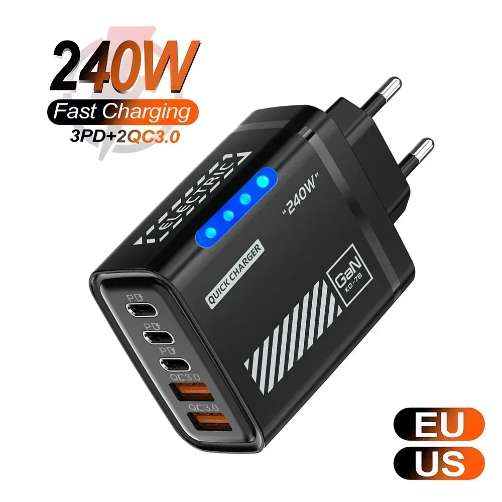GaN 240W 5-in-1 USB-C-Ladegerät, schnelles Laden, EU/US-Stecker, Wandladegerät für iPhone, Samsung, Xiaomi, Typ-C-Handy-Ladegerät, Netzteil
