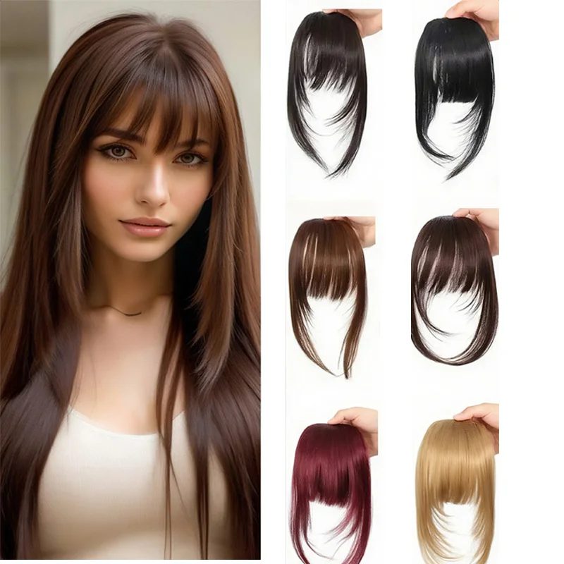 Clip-in-Pony aus synthetischem Haar, zarte Fransen mit Koteletten, dunkelbraun, natürlicher Look für Damen, Alltag, Partykleidung