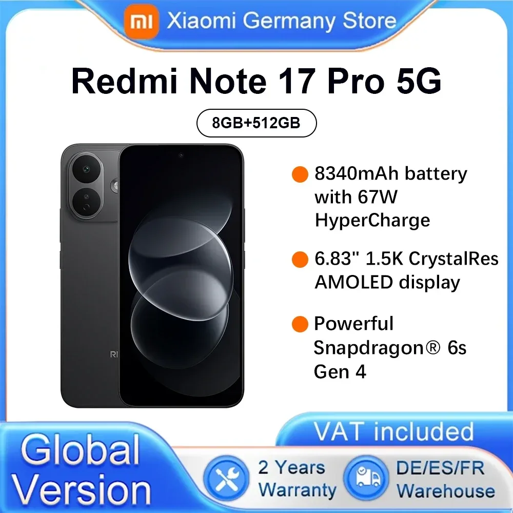 Global Version Redmi Note 17 Pro 5G  smartphone 5G 6.83? IP66 lP68  8340mAh battery 67W HyperCharge 120Hz refresh rate Powerful Snapdragon 6s Gen 4 Xiaomi HyperOs 3