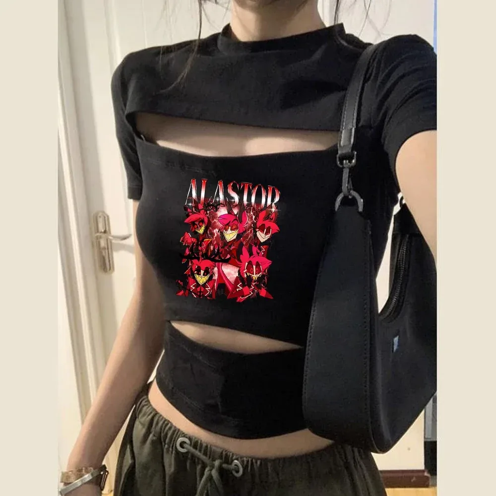 Hazbin Hotel Crop-Top für Mädchen, lustiges Y2K, günstiges Emo-Dollette-T-Shirt, Manga-Dollette, Japan, Harajuku