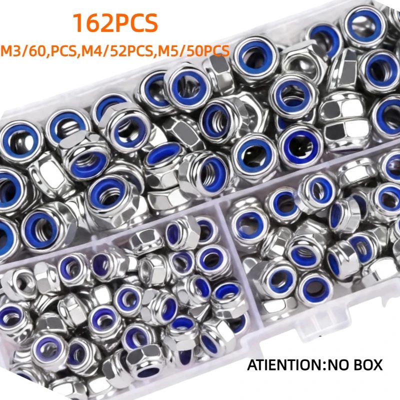 162/207/217/227/235-teiliges Sortiment an 304 Edelstahl-Nylon-Sicherungsmuttern M3 M4 M5 M6 M8 M10 M12 Metrisches Sechskant-Nylock-Muttern-Set