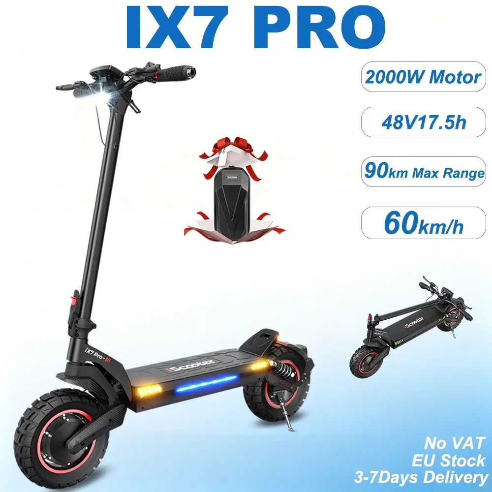iScooter iX7 Pro Offroad E-Scooter für Erwachsene,2000W Doppelantrieb,48V 17,5Ah Lithium-Akku,10 Zoll rutschfeste schlauchlose Reifen,Höchstgeschwindigkeit 60 km/h,Klappbar,Stoßdämpfung,APP-Steuerung