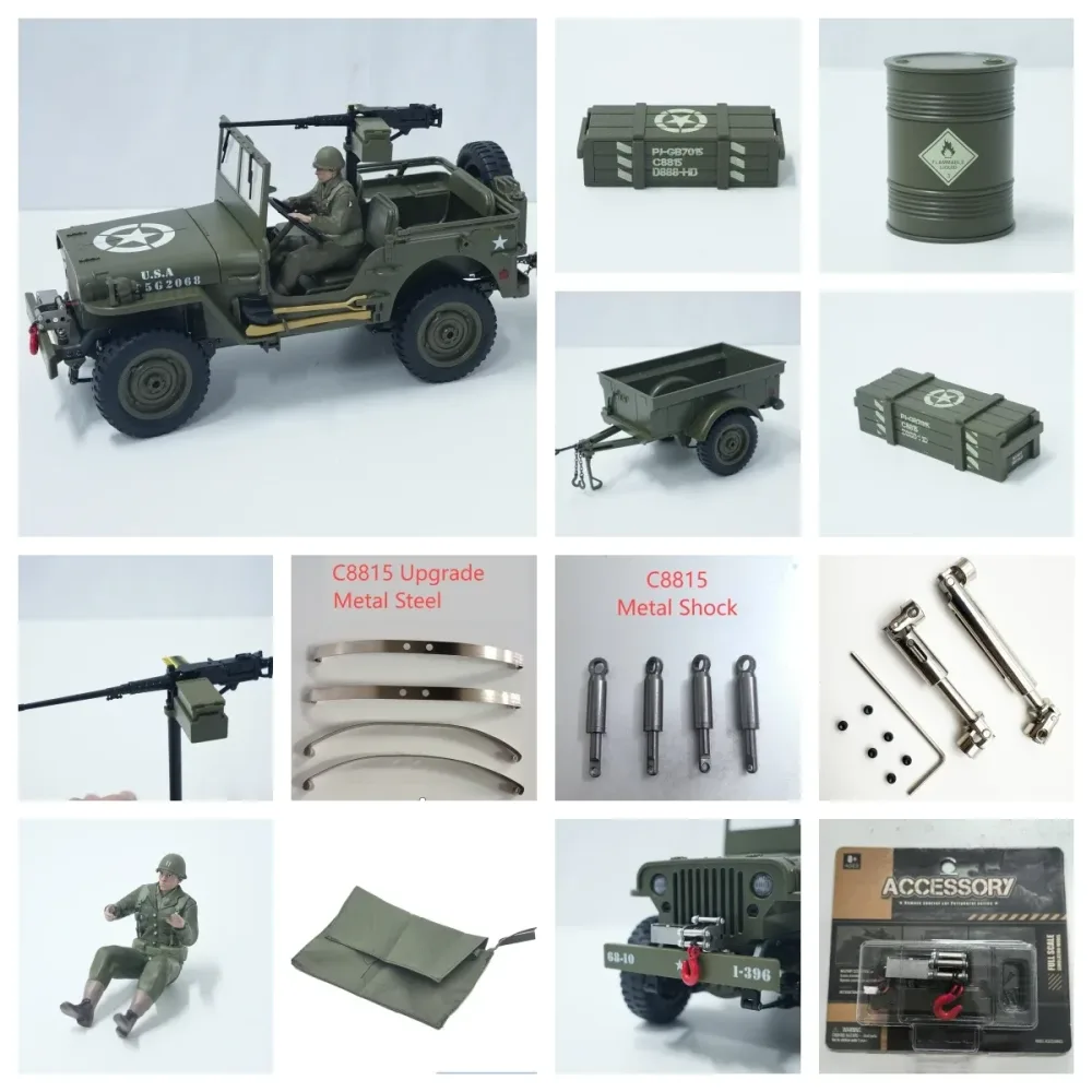 Upgrade-Zubehörteile für JJRC C8815 Anhänger Soldat Winde Baldachin Metallantriebswelle Stoßdämpfer Stahlblechteile für C8815 RC Auto