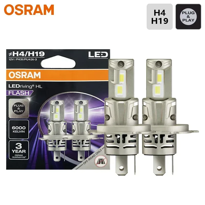 OSRAM LEDriving HL H4 H19 FLASH LED Autoscheinwerfer P43t PU43t 12V Helle Lampe 1:1 Kompaktes Design 6000K Weiß Fern-/Abblendlicht 64193CWFL
