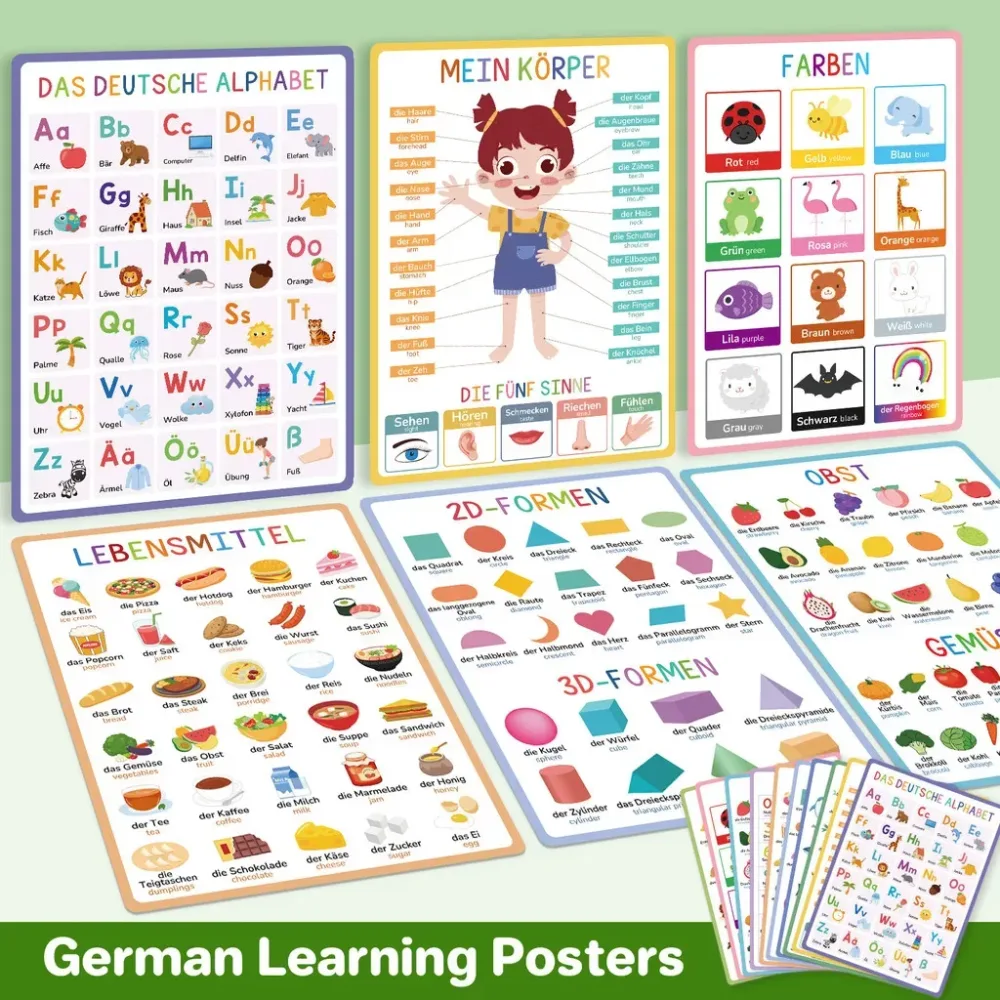 Deutsch-Englische zweisprachige Vokabelplakate, Klassenzimmer-Wanddekoration, frühkindliches Lernen, Alphabet, Tiere, Lebensmittel, deutsches Poster für Kinder