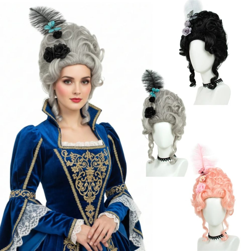 REEWES Viktorianische Perücke für Rokoko-Kostüm, Cosplay, 18. Jahrhundert-Perücke, Barockhaar, Vintage-Bienenstock, Königin, hohe lockige synthetische Perücken
