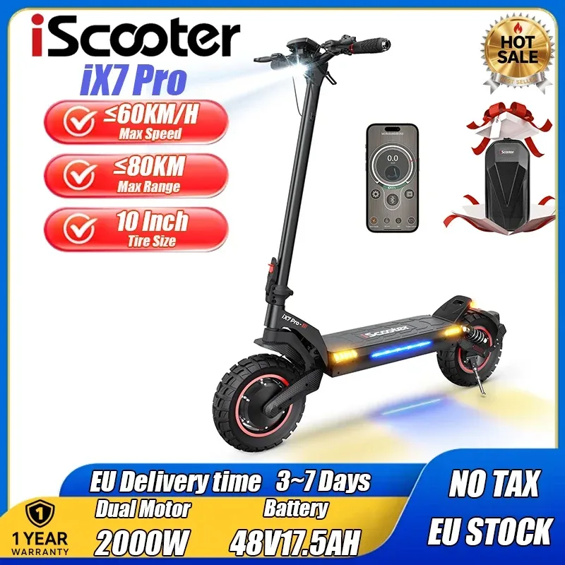 IScooter IX7 Pro Elektroroller 2000W Doppelmotor E-Scooter 48V17.5AH Hochleistungs-Lithiumbatterie, unterstützt APP, Vordere und Hintere Ölscheibenbremsen + Elektronische Bremsen,