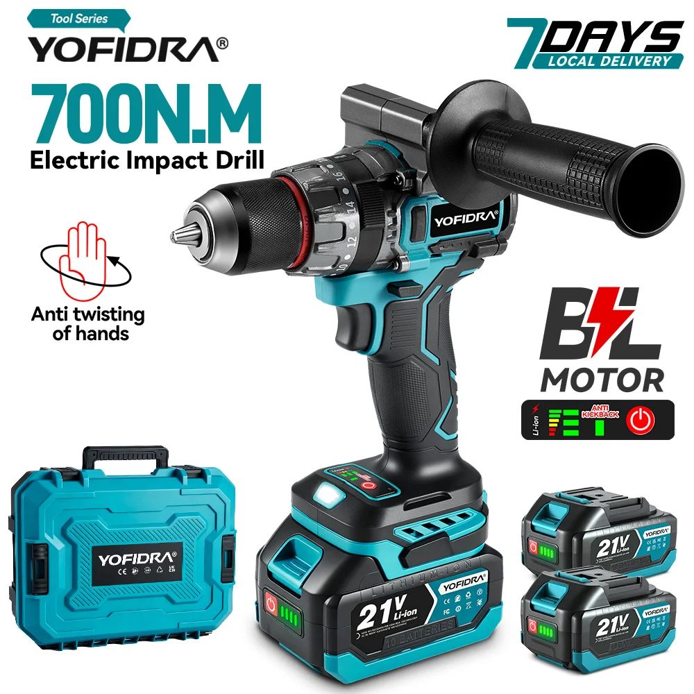 YOFIDRA 700N.M Bürstenlosen Elektrischen Schlagbohrmaschine Akkuschrauber Platten Boden Holzbearbeitung Power Tool Für Makita Batterie Pin