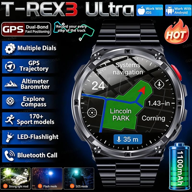2026 Neue T-Rex3 Pro 1100mAh Akku Smartwatch GPS-Pfadverfolgung 5ATM Wasserdicht Sport-Lauftracker Outdoor-Kompass Militär-Smartwatch
