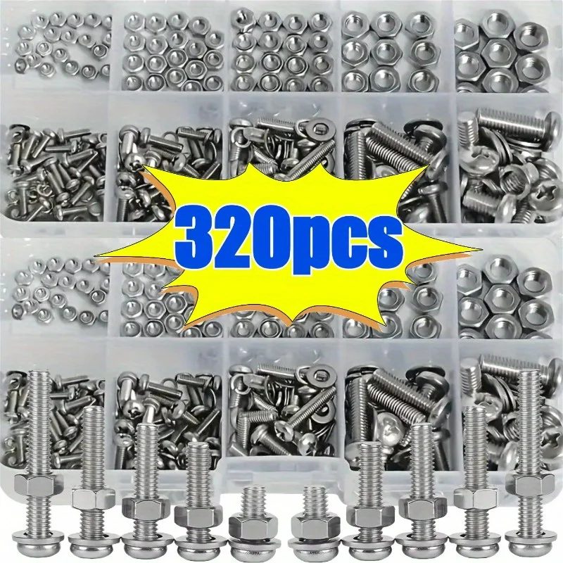 Sechskantmuttern- und Schraubenset - 320 Stück/120 Stück, langlebige metrische Größen M2 - M5, universelles Hardware-Kit für DIY-Projekte und Reparaturen.