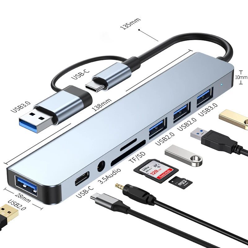 8-in-2 USB + Typ-C HUB Dockingstation mit 3,5mm Audio-Buchse Adapter für Micro SD Kartenleser Laptop Tablet Handy Disk-Konverter