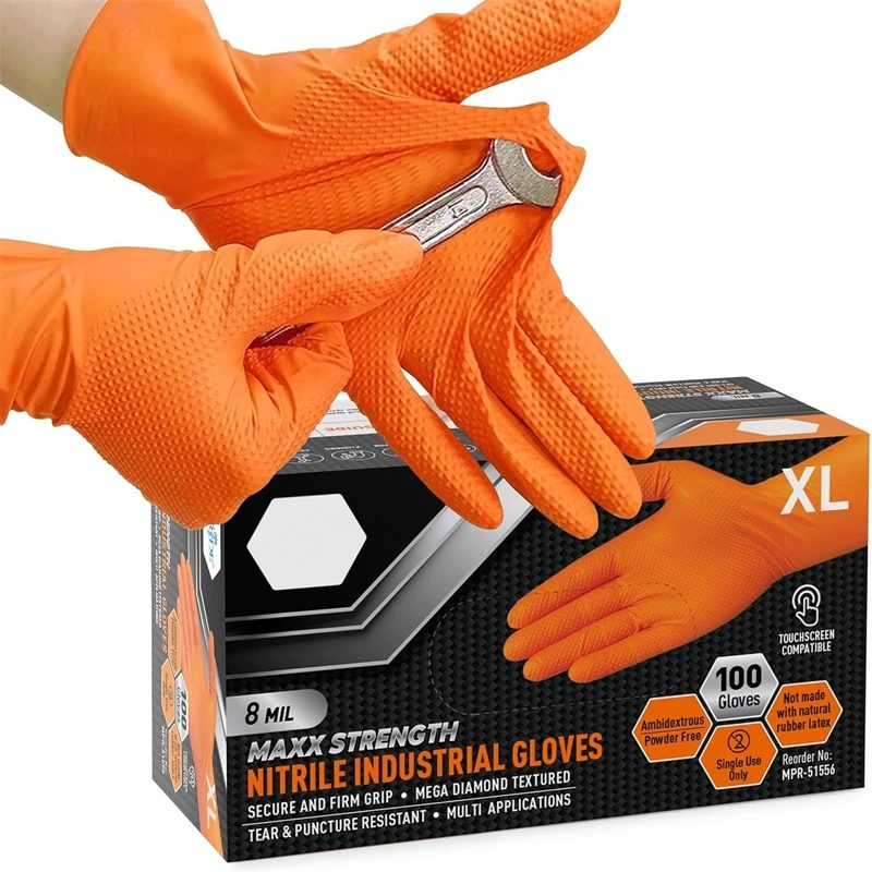 Robuste orangefarbene Nitrilhandschuhe, 8 Mil, industrielle Einweghandschuhe mit rautenstrukturiertem Griff für mechanische Sicherheits- und Arbeitshandschuhe