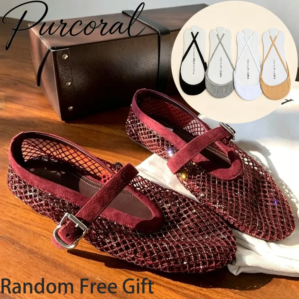 Zufälliges Gratisgeschenk: Damen-Sandalen 2026 Neues Modell Netzstoff Strass Ballerinas mit Ausgehöhltem Riemen