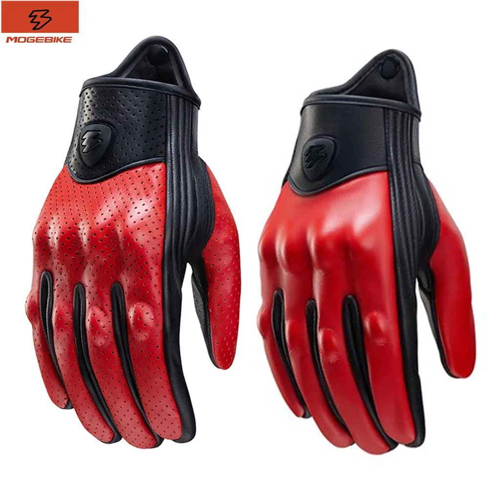 Retro Rot Leder Motorrad Handschuhe Männer Frauen Atmungsaktive Perforierte Motorrad Racing Handschuhe Touchscreen Motocross