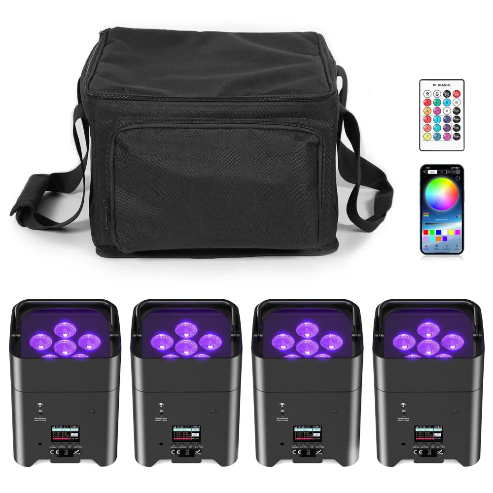 U'King 4PCS 6x18W 6IN1 RGBAW + UV Par Licht mit Tasche DMX Fernbedienung WiFi Par Licht Drahtlose LED Bühne Licht für DJ Bar Party