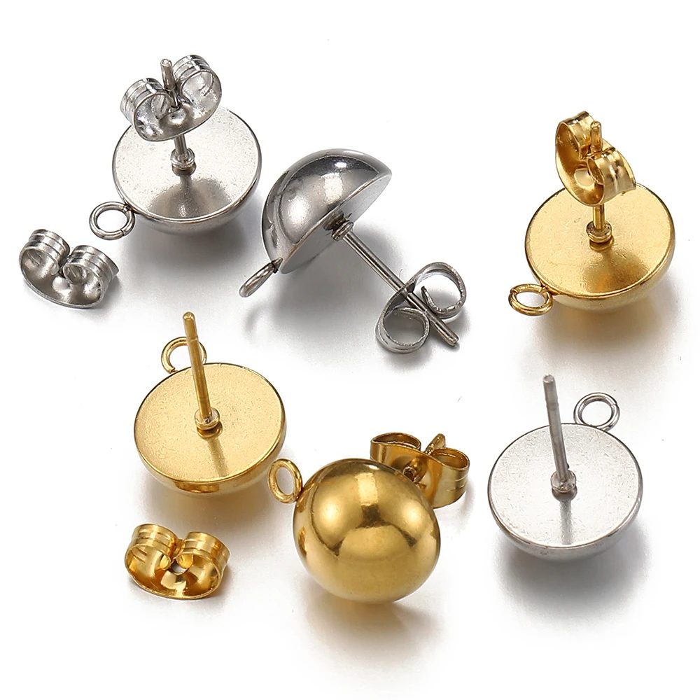 10 Stück Edelstahl-Ohrstecker, Pilz-Ohrpfosten mit offenen Ringen, DIY halbe Kugel, baumelnde Ohrringe, Schmuckherstellung, Zubehör