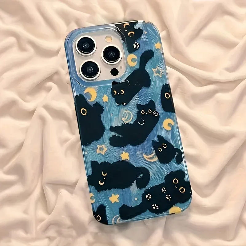 Handyhülle für iPhone 18 17 Pro Max 17E 16E 16 15 14 13 12 11 XS XR 7 8 Plus mit Luftmond-Sternen- und Schwarzkatzen-Design aus Silikon