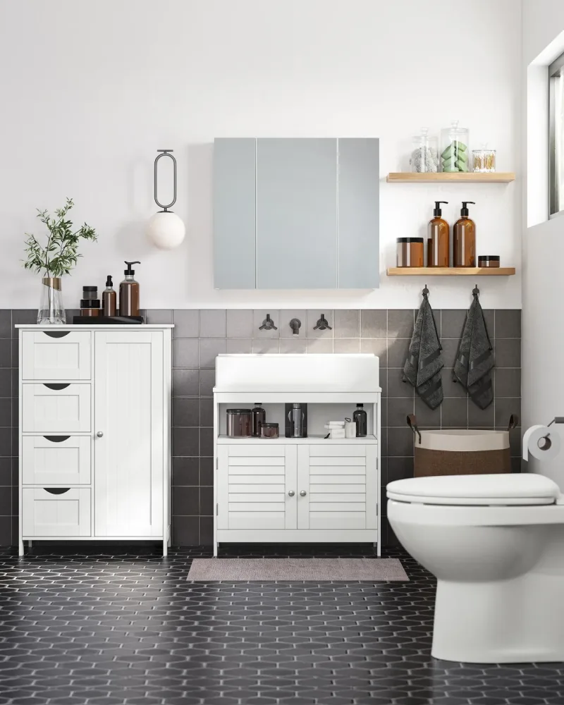 VASAGLE Badezimmerschrank, schmaler Badschrank, Beistellschrank, Kommode, mit 4 Schubladen, Schranktür, verstellbare Ablage