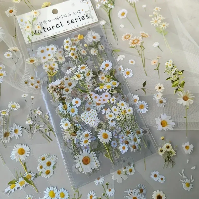 6 Stück/Packung Blumen PET-Aufkleber Scrapbooking-Materialien DIY Junk Journal Collage Blumen-Blätter-Pflanzen Deko-Aufkleber