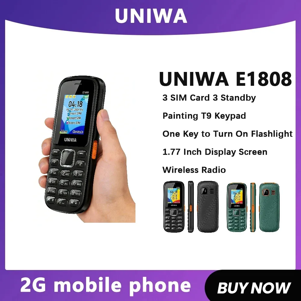 UNIWAE1808 Funktion Telefon 3 SIM-Karte 3 Standby-Funkradio Taschenlampe Hohe Lautstärke für ältere 2G-Tastatur-Handy