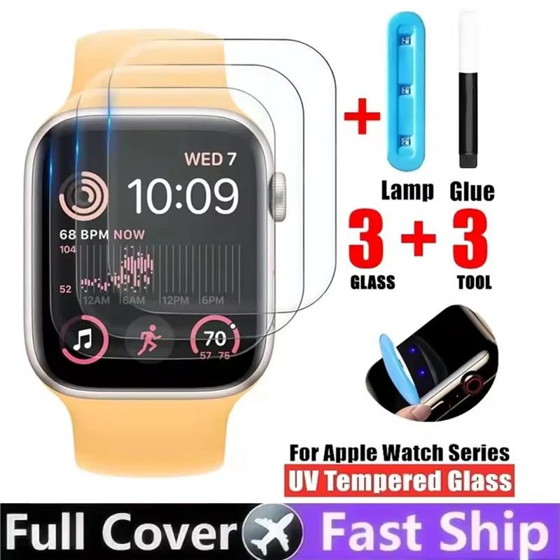 UV-Kleber Gehärteter Glas-Schutzfilm für Apple Watch 10 9 8 7 46MM 44MM 45MM Displayschutz IWatch Series 44 45 46 40 41 MM