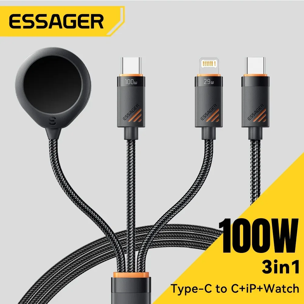 Essager 100 W 3-in-1-USB-C-Ladekabel für Apple iWatch iPhone mit Typ-C-Beleuchtung, Multi-Ladekabel, magnetische Uhrenaufladung