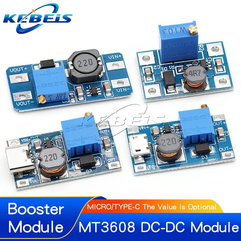 MT3608 DC-DC Einstellbares Boost-Modul 2A Aufwärtswandlerplatte Step-Up-Modul TYPE-C MICRO USB 2V-24V zu 5V 9V 12V 28V