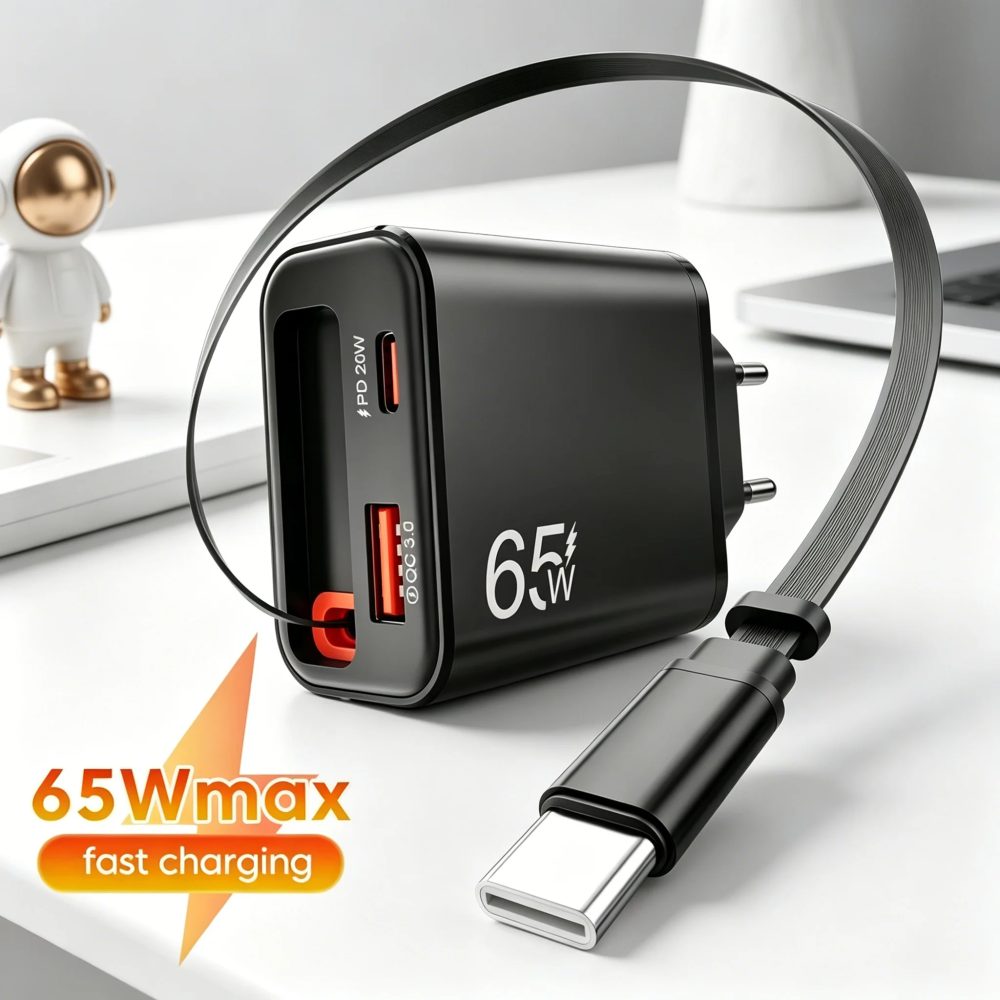 65W USB-Telefonladegerät mit einziehbarem superschnellem Ladekabel Typ C für iPhone 17 16 POCO Xiaomi QC 3.0 USB PD Wandladegerät