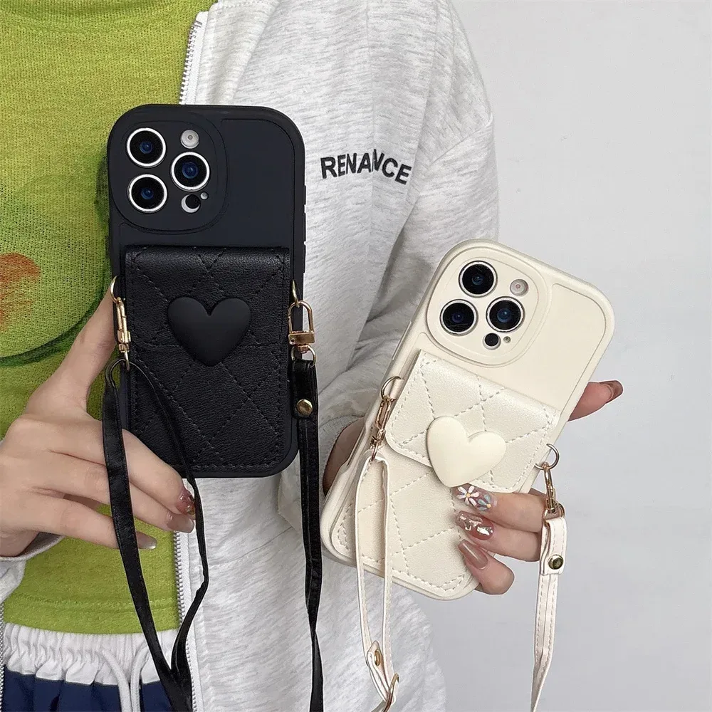 PU-Leder 3D süße Liebe Herz Umhängetasche Halskette Riemen Kartenhalter Handyhülle für IPhone 17 Air 16 15 14 13 12 11 Pro Max Cover