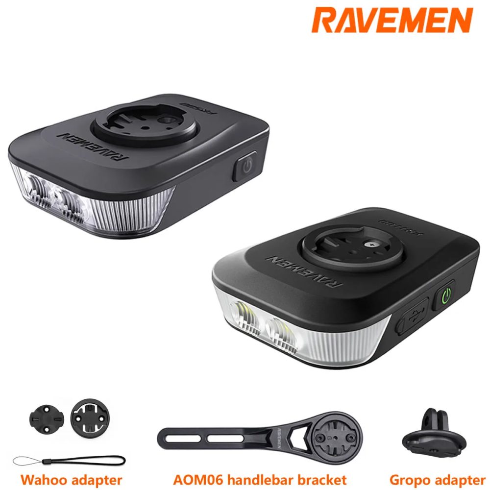 RAVEMEN FR1100 SE FR500 Fahrradscheinwerfer für Garmin Wahoo, wiederaufladbare Fahrrad-Frontlampe mit seitlicher Sichtbarkeit bei Tag und Nacht, AOM06-Halterung