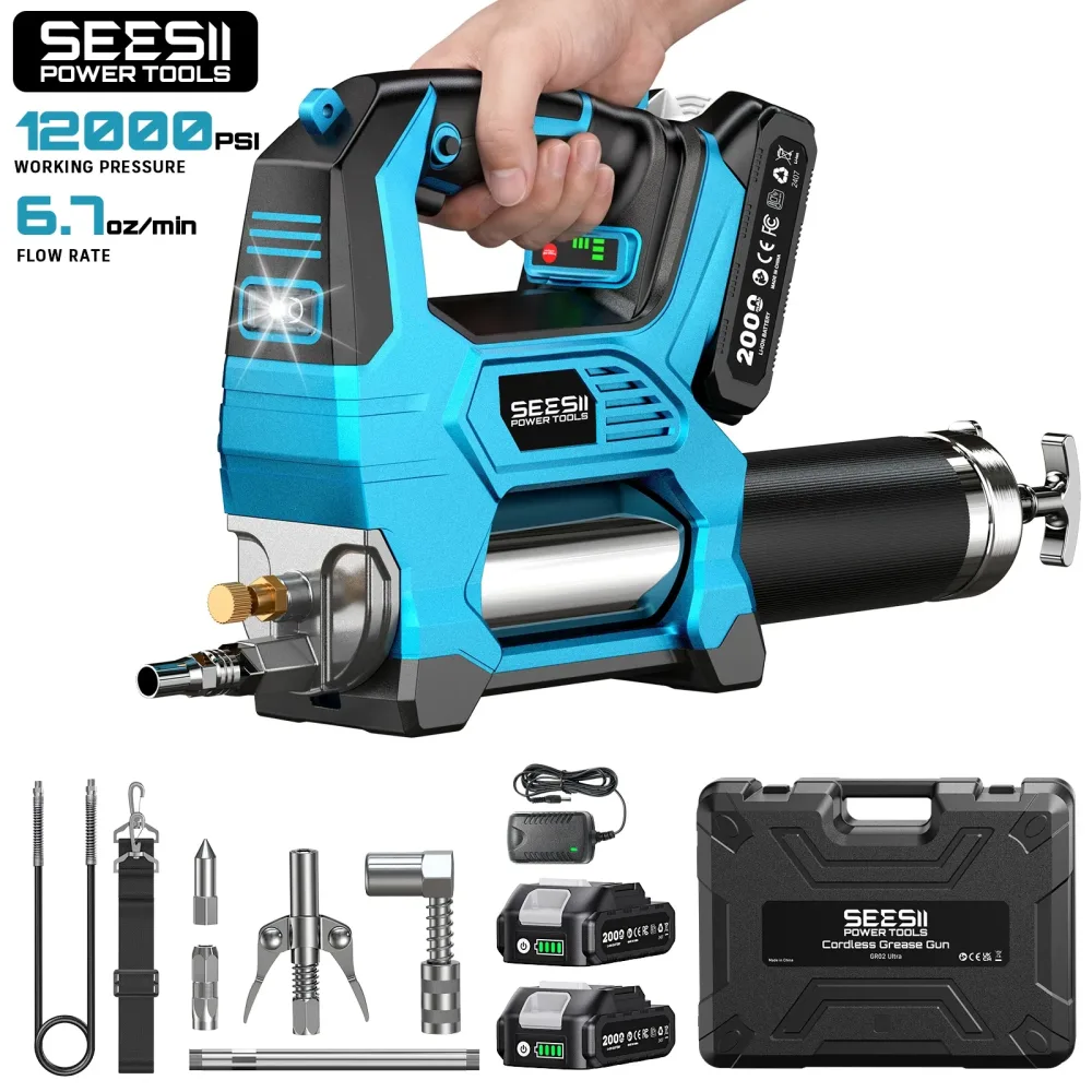 SEESII 12000PSI Elektrische Fettpresse Set Kabellose Bürstenlose Hochdruck-Schmiermaschine Ölwerkzeug-Set mit 2,0Ah Akku 39,4