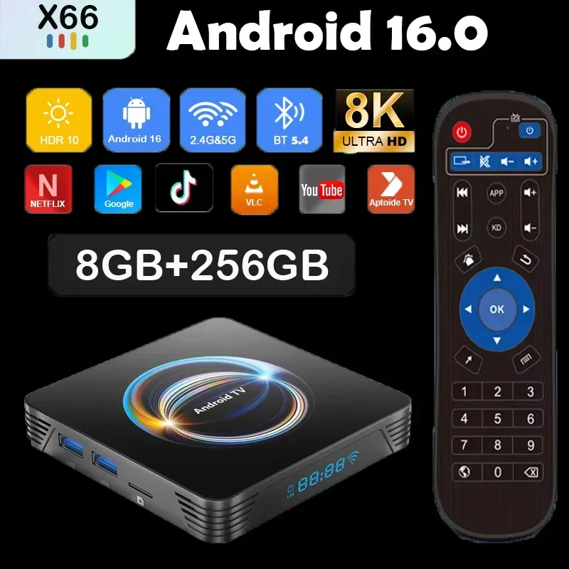 Android 16 Smart TV Box X66 8 GB + 256 GB Rockchip RK3528 Google Assistant 8K Video Bluetooth5.4 Media Player Sehr schnelle Set-Top-Box