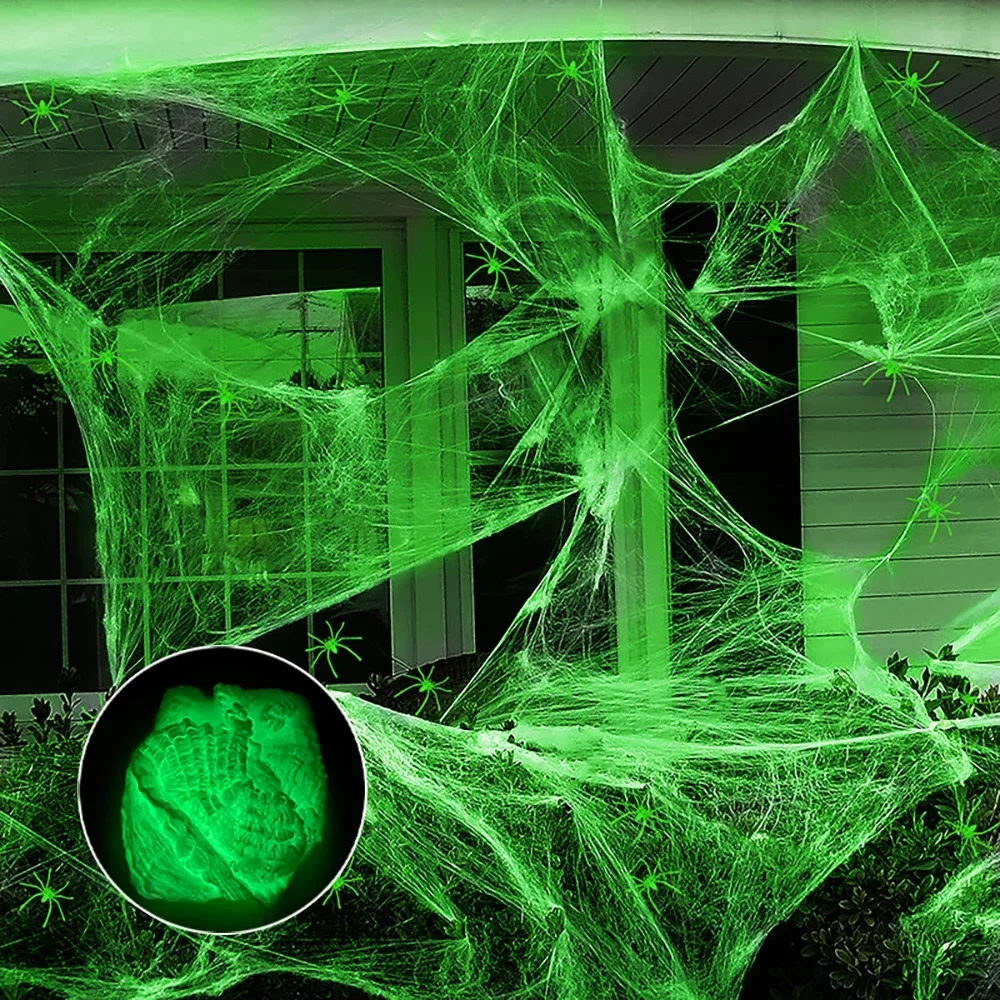Fluoreszierende Halloween-Spinnennetze, im Dunkeln leuchtende Spinnennetze, Halloween-Spinnennetz, Horror-Dekorationen im Freien