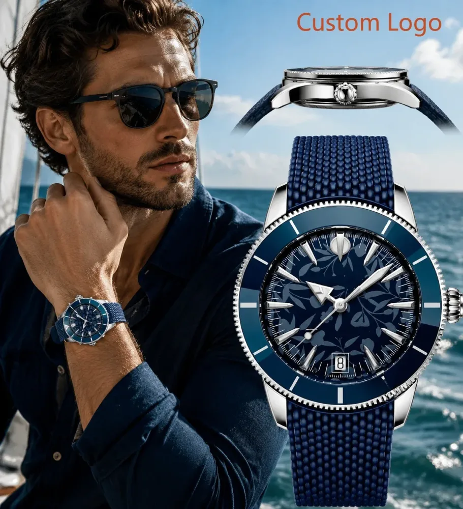 Herren 46mm Taucheruhr Automatik mit drehbarer blauer Keramiklünette, einzigartigem Blumenmuster-Zifferblatt, marineblauem texturiertem Kautschukarmband, wasserdicht, für Outdoor-Sport, mechanische