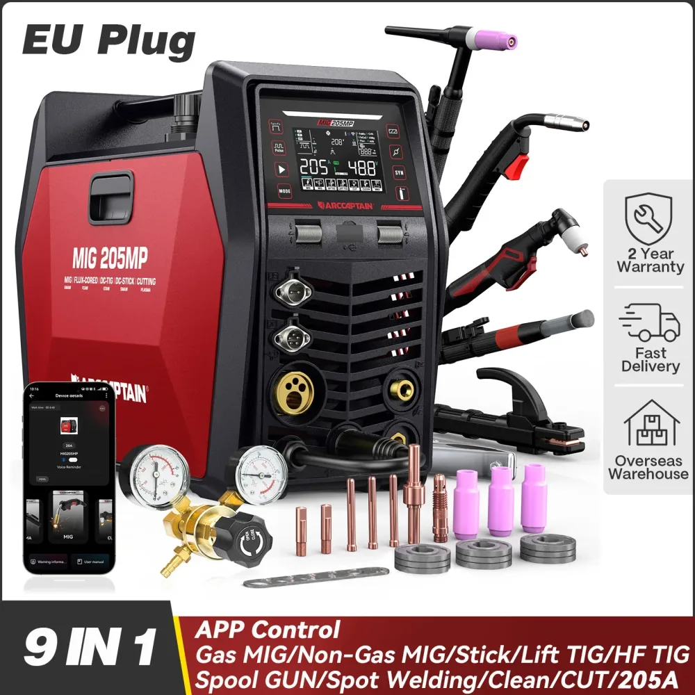 ARCCAPTIAN Aluminium MIG-Schweißgerät 9 in 1 APP Gas-Fluxkern MIG MMA CUT Lift HT TIG Spool Gun Clean 240V205A Synergy-Schweißgerät