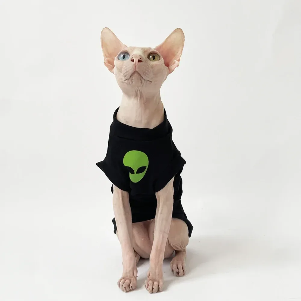 Katzenkleidung für Sphynx, Modischer Schwarzer Baumwollmantel für Katzen, Gestreiftes Winter-T-Shirt für Devon Rex, Weiches Baumwoll-T-Shirt, Katzenkostüm