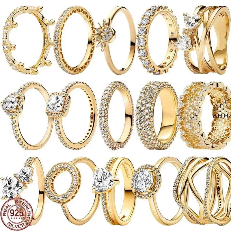 Heiß begehrter Ring aus 925er Sterlingsilber, exquisite Goldserie, funkelnder herzförmiger Kronenring, modischer Charm-Schmuck als Geschenk.
