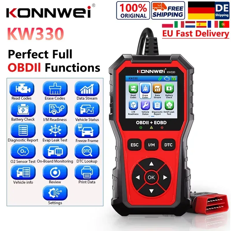 2026 KONNWEI KW330 Auto-OBD2-Diagnosegerät Professioneller Motor- und Batterie-Fehlercodeleser Echtzeitdaten-Anzeige Automobil-OBD-Fehlerscanner Kostenloser Versand