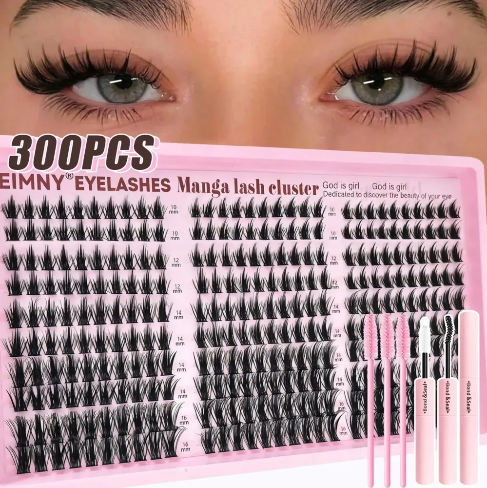 EIMNY 300 Stück Wimpernverlängerungen im Little Devil-Stil, 10?16 mm, inklusive Kleber, Pinzette, Wattestäbchen, Manga-Wimpern, natürlich, voluminös