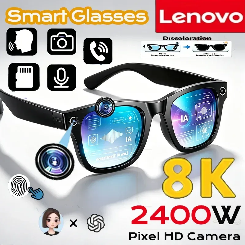 Lenovo NEUE 8K 2400MP KI-Smart-Brille mit Übersetzungsfunktion, Video- und Fotoaufnahme, Bluetooth-Kommunikation, Aufnahmefunktion, Musikwiedergabe, Smart-Sonnenbrille