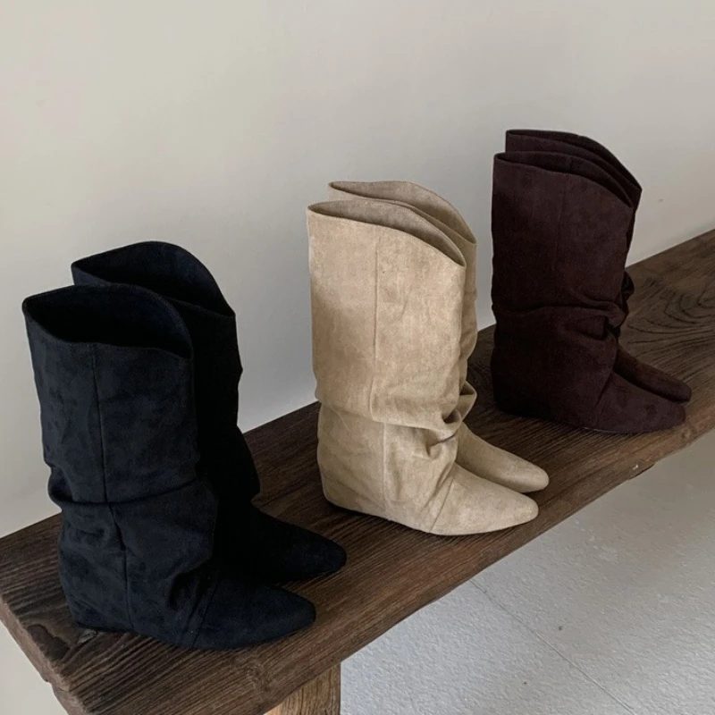 Winter Vintage Plissee Frauen Moderne Hohe Stiefel Designer Slip Auf Spitz Interne Höhe Schuhe Botas De Mujer