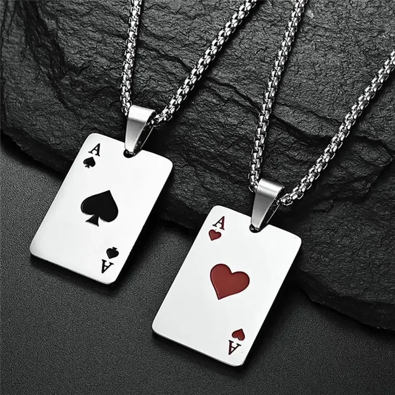 2 Stück Set Hip Hop Statement Edelstahl Poker Karte Ass Spaten Halskette für Frauen Männer Anhänger Kette Spielkarten Schmuck