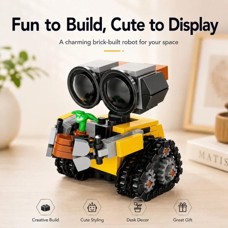 Mini-Roboter-Baustein-Set, Niedliches Kettenroboter-Modell mit Pflanzenzubehör, Kreatives Desktop-Display-Spielzeug-Geschenk